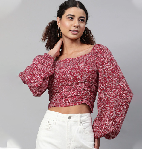 Maroon Floral Georgette Fitted Crop Top